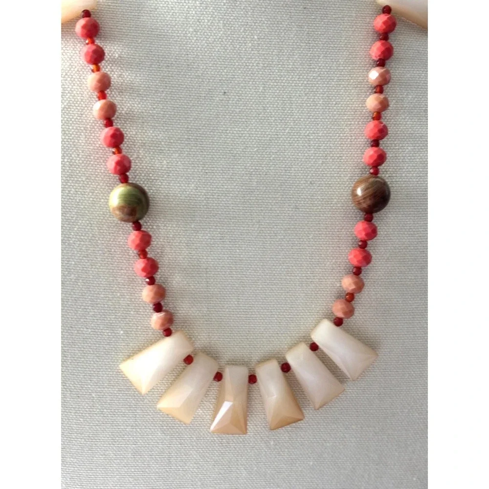 Handmade Red Beige Beaded Necklace With Faceted Beads & Gold Clasp